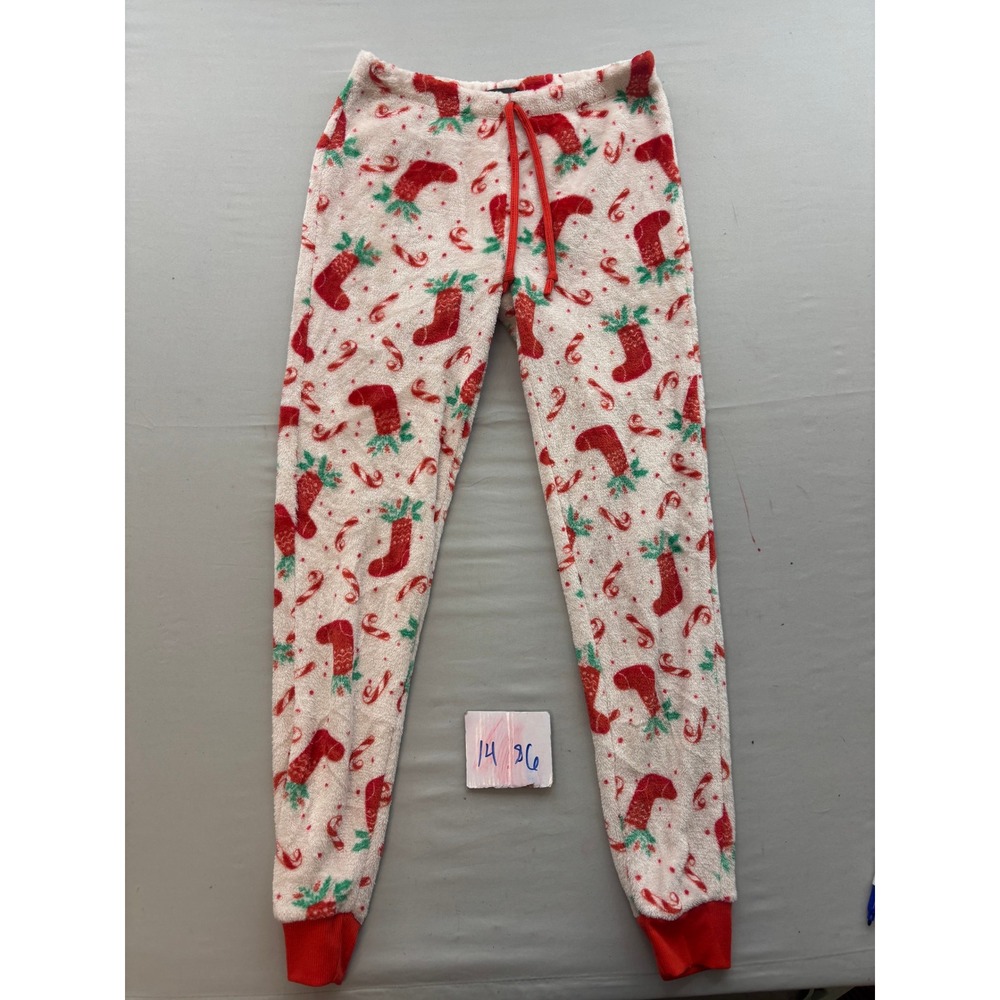 Cozy Couture Christmas Pajama Pants Small White Red Stocking Candy Cane Fleece